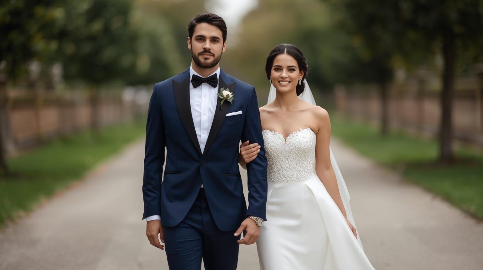 A sophisticated groom in a deep blue wedding suit standing beside a bride in a flowing white dress – Wedding Suit Guide for Grooms: Styles, Colors, Trends for 2025