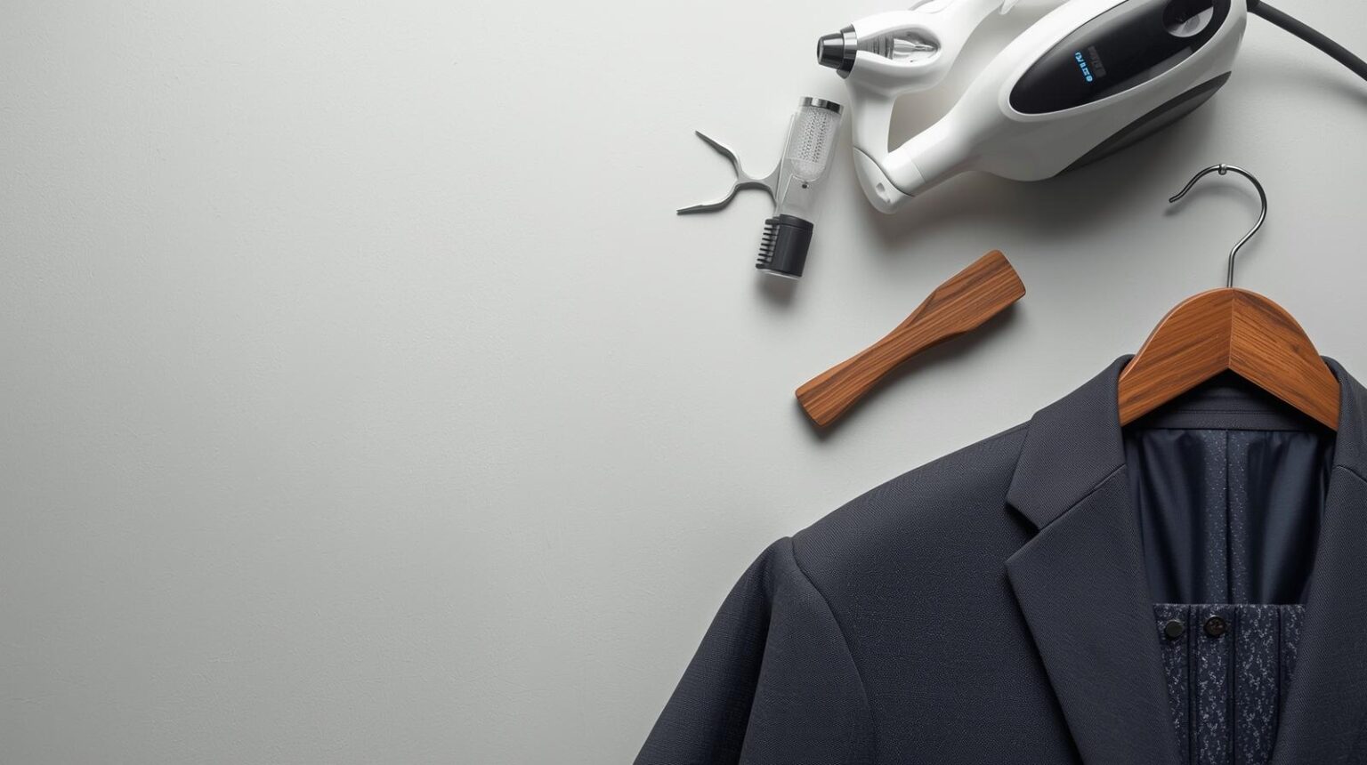 Dark blue suit with cleaning accessories on the side – suit care and maintenance guide by Velour & Waza Custom Tailor