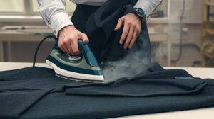 Man ironing his suit – suit care and maintenance guide by Velour & Waza Custom Tailor