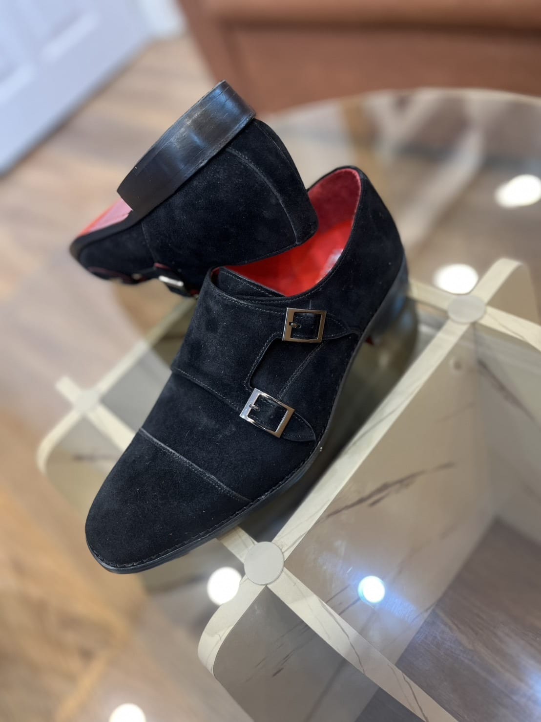 Black Suede Monk Strap Shoes