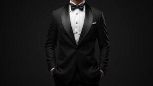 Black tuxedo jacket with shawl (roll) lapel, paired with a white dress shirt, showcasing formal evening wear