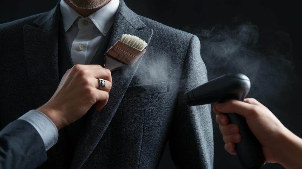 Person brushing and steaming a suit – suit care and maintenance by Velour & Waza Custom Tailor