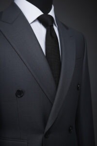 Dark grey slim-fit men’s suit paired with a crisp white dress shirt, tailored for a modern, elegant look in any occasions