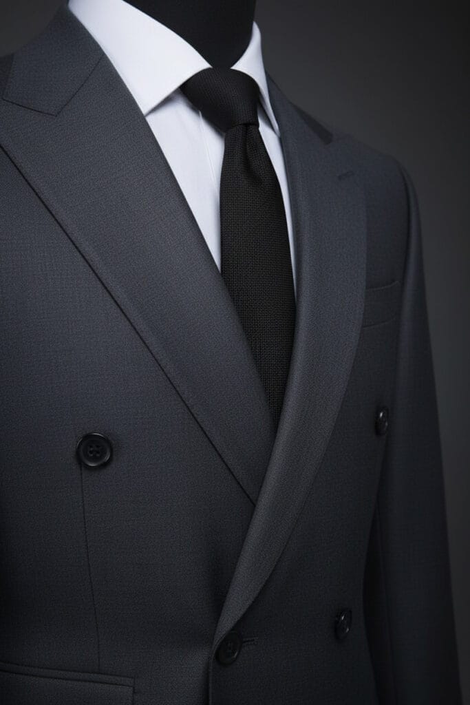 Dark grey slim-fit men’s suit paired with a crisp white dress shirt, tailored for a modern, elegant look in any occasions