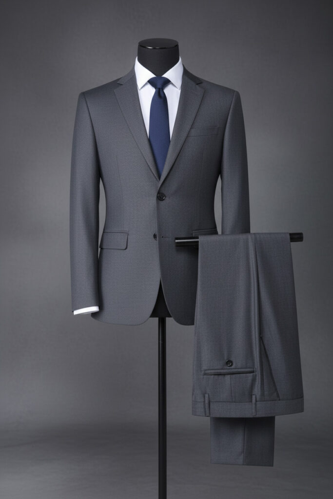 Dark grey slim-fit suit with white shirt – men’s suit trends 2025