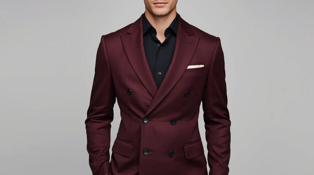 Maroon double-breasted suit paired with a black shirt, tailored fit, formal attire for men.