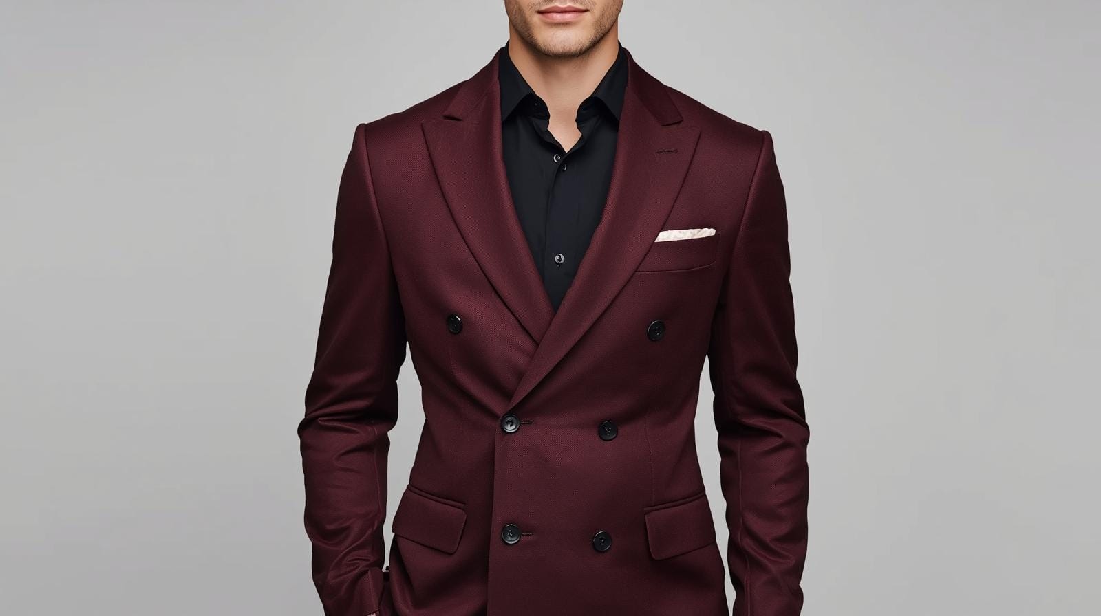 Maroon double-breasted suit paired with a black shirt, tailored fit, formal attire for men.