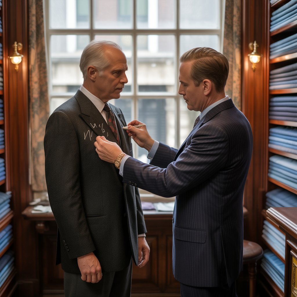 ailor in a dark blue pinstripe suit giving a fitting to a customer wearing a black jacket inside the Bangkok custom tailor shop