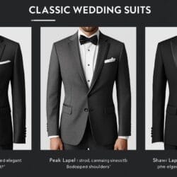 Groom wearing a notch lapel, peak lapel, shawl lapel wedding suit with crisp white shirt – Wedding Suit Guide for Grooms 2025.