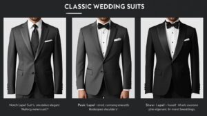 Groom wearing a notch lapel, peak lapel, shawl lapel wedding suit with crisp white shirt – Wedding Suit Guide for Grooms 2025.