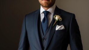 Groom wearing a dark blue wedding suit with vest and white shirt – Wedding Suit Guide for Grooms 2025