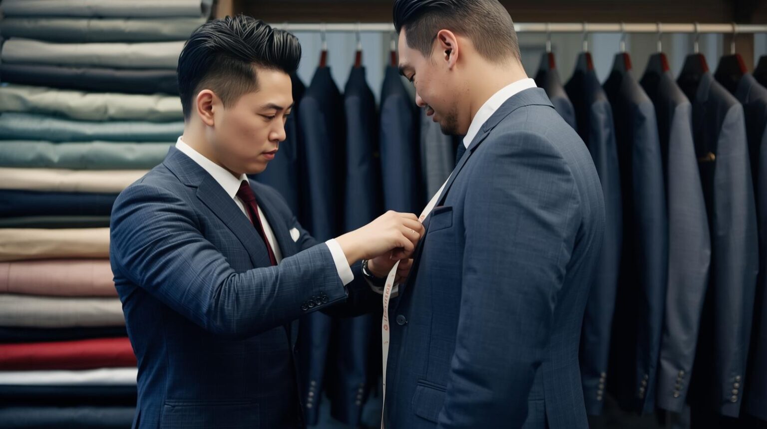 Tailor measuring client for custom suit in modern studio