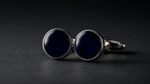 Dark blue men’s cufflinks with silver trim, elegant formal accessory for business or special occasions.