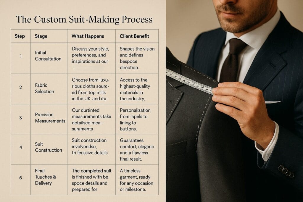 Tailor measuring client for custom suit with step-by-step tailoring process diagram in background