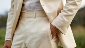 “Beige linen suit for men, featuring a tailored fit jacket with notch lapel and matching trousers, ideal for tropical or summer occasions.