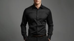 "Men's black custom-fit dress shirt full-body view, custom-made at Velour & Waza Tailor