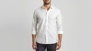 Men's comfortable-fit white dress shirt full body view, custom-made at Velour & Waza Tailor"