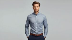 Men's slim fit light grey dress shirt full body view, custom-made at Velour & Waza Tailor