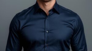 Men's tailored-fit dark blue dress shirt custom-made at Velour & Waza Tailor