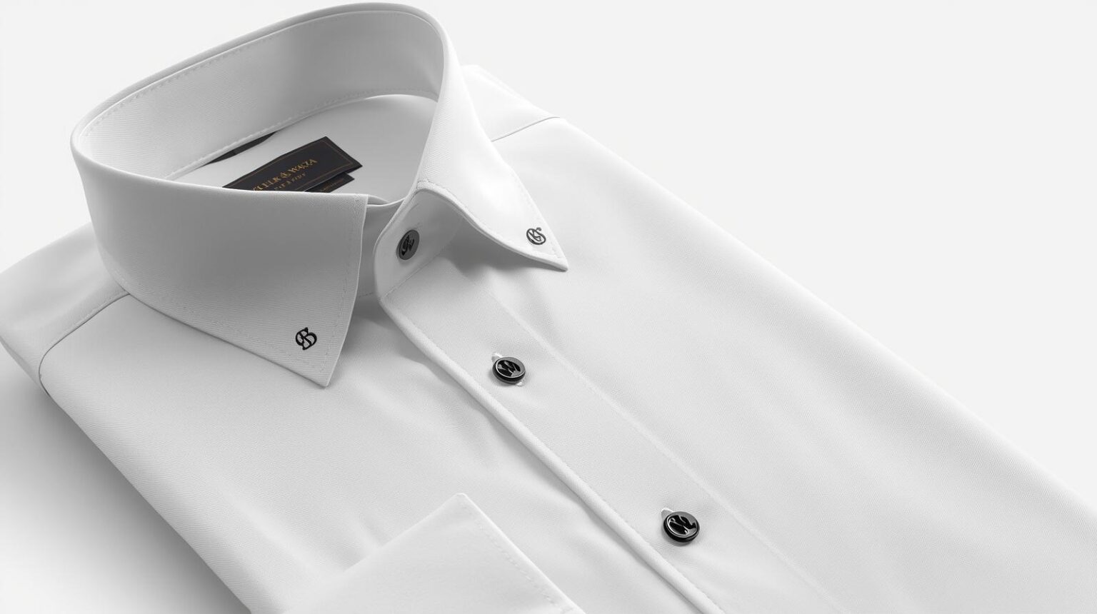 White dress shirt with black buttons and initials on cuffs, custom-made at Velour & Waza Tailor